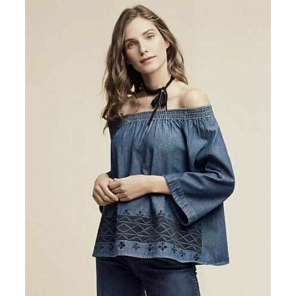 NE QUITTEZ PAZ | sz S Women's Denim Off Shoulder Black Embroidered Swing Top - Picture 4 of 7